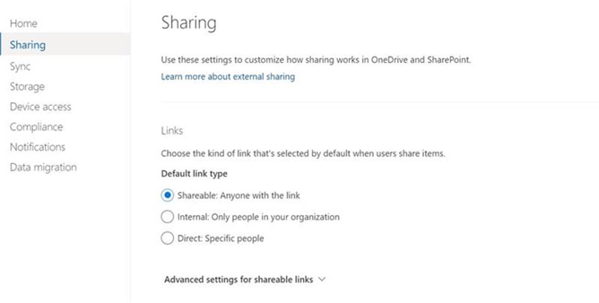 Sharing options on OneDrive